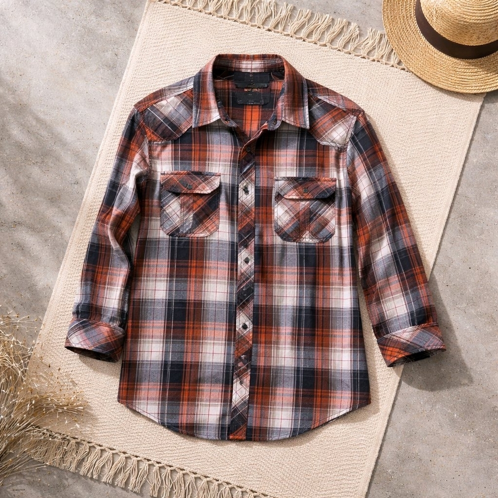 Machine Push the Limit Orange Plaid Western Button Shirt M Men's